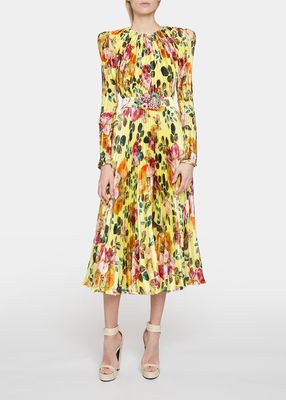 Floral-Print Satin Plisse Belted Midi Dress