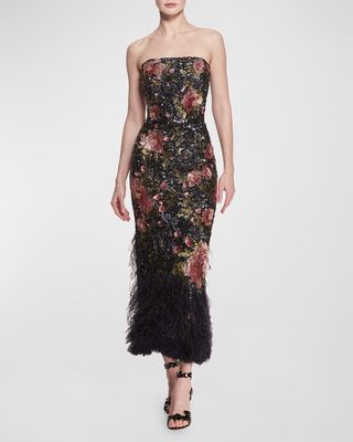 Floral Print Sequin Embroidered Column Gown with Feather Trim