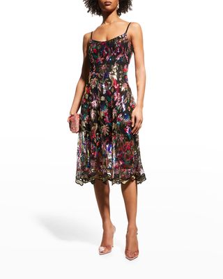Floral Print Sequin Fit-And-Flare Midi Dress