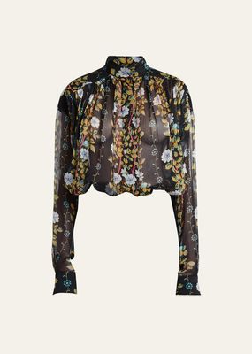 Floral-Print Sheer Button Up Silk Blouse