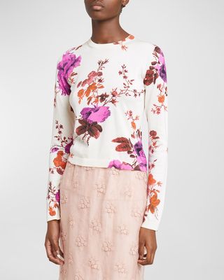 Floral-Print Silk Crewneck Sweater