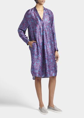 Floral-Print Silk Tunic Dress