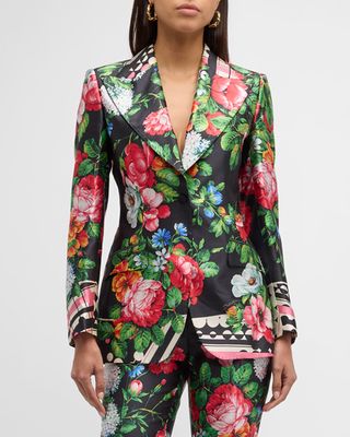 Floral-Print Single-Breasted Silk Blazer Jacket