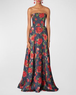 Floral Print Strapless A-Line Gown