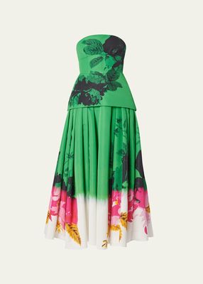 Floral-Print Strapless Corset Full-Skirt Midi Cocktail Dress