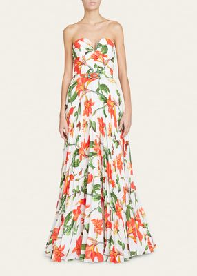 Floral-Print Strapless Plisse Belted Gown