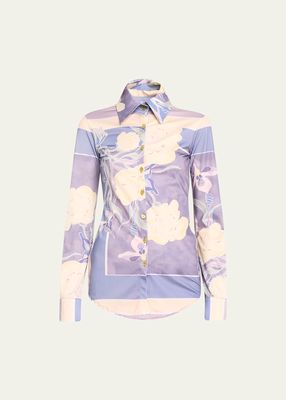 Floral-Print Stretch Button Down Shirt