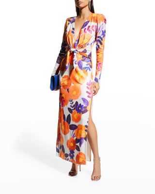 Floral-Print Strong-Shoulder Knot-Tie Sequin Maxi Dress