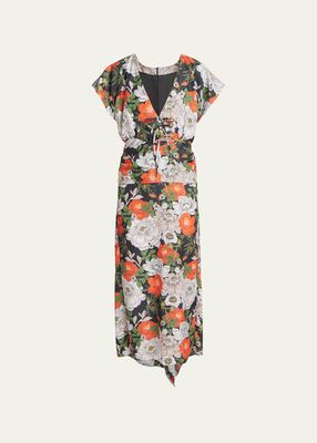 Floral-Print Summer Midi Dress with Back Drape