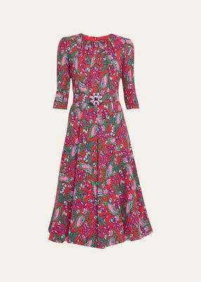 Floral Print Three-Quarter Sleeve Belted Midi Dress