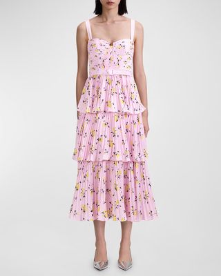 Floral-Print Tiered Bustier Midi Dress