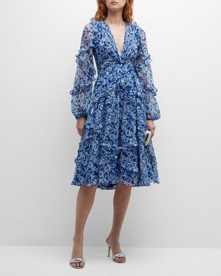 Floral-Print Tiered Ruffle Plisse Georgette Dress