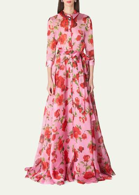 Floral Print Trench Gown with Tie Belt