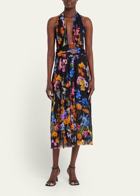 Floral-Print Tulle Halter Midi Dress