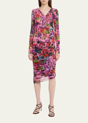 Floral-Print Tulle Pencil Midi Skirt