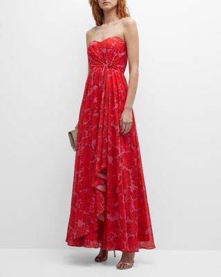 Floral-Print Twisted-Waist Strapless Gown