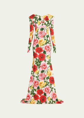Floral Print V-Neck Trumpet Gown