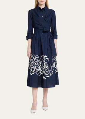 Floral-Print Wrap Cotton Midi Dress