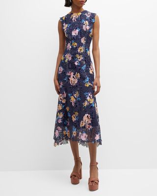 Floral-Printed Lace Sleeveless Midi Dress