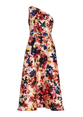 Floral-Printed One-Shoulder Midi-Dress