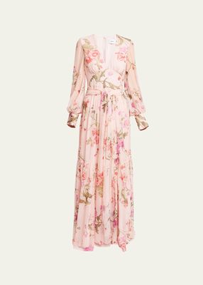 Floral-Printed Pleated Self-Tie Silk Gown