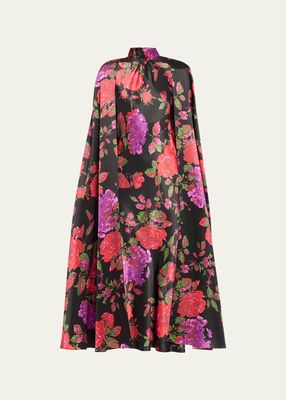 Floral-Printed Silk Cape-Sleeve Midi Dress