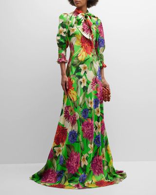 Floral Puff-Sleeve Neck-Tie Silk Gown