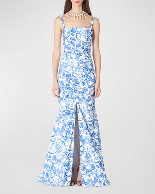 Floral Ruched Slit-Hem Sleeveless Gown