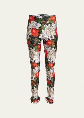 Floral Ruffle-Cuff Jersey Leggings