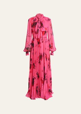 Floral Scarf-Neck Pleated Gown