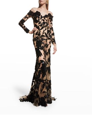 Floral-Sequin Embroidered Evening Gown