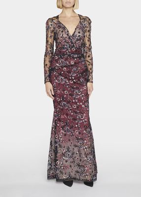 Floral Sequin Embroidered Mesh Overlay Gown