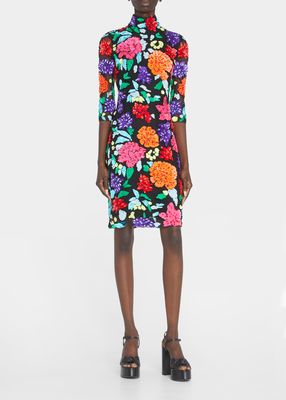 Floral Sequin Embroidered Mock-Neck Dress