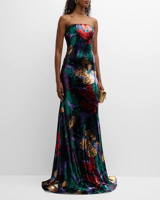 Floral Sequin Strapless Trumpet Gown