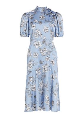 Floral Short Puff-Sleeve Midi Dress