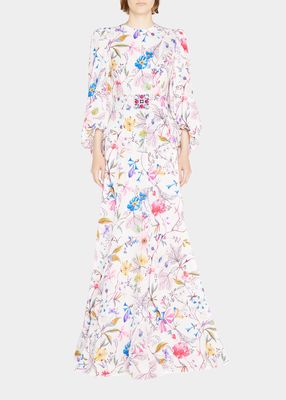 Floral Silk Belted Blouson-Sleeve Gown