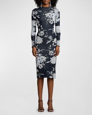 Floral Silk-Blend Jacquard Sweater Day Dress With Detachable Collar & Cuffs