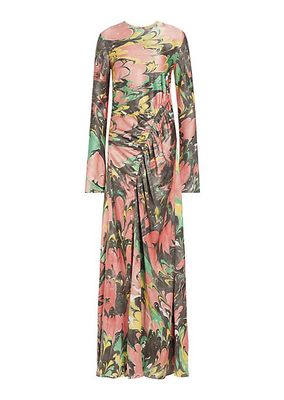 Floral Silk Charmeuse Draped Gown