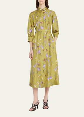 Floral Silk Elbow-Sleeve Midi Shirtdress