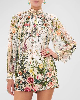 Floral Silk Raglan Button-Front Shirt
