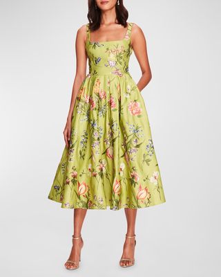 Floral Square-Neck A-Line Midi Dress