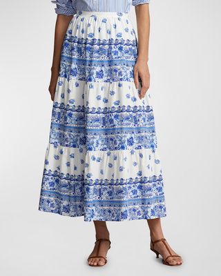 Floral-Stripe Tiered Cotton Skirt