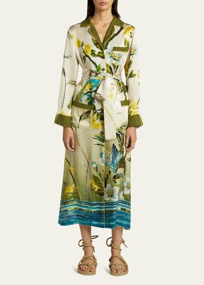 Floral Tree Branch-Print Button Down Belted Silk Robe