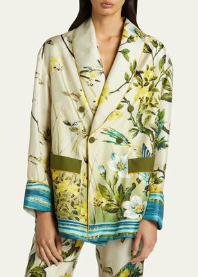 Floral Tree Branch-Print Double-Breast Silk Jacket