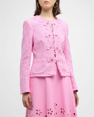 Floral Trim Cotton-Blend Tweed Jacket