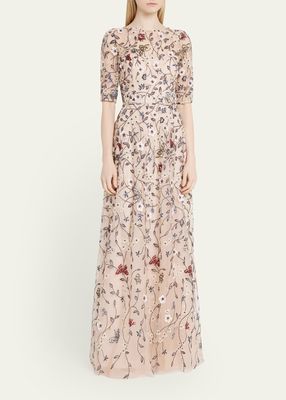 Floral Vine Embroidered Tulle Illusion Gown