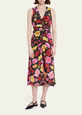 Floral Zip Gathered Front Midi Dress