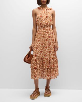 Florencia Palm-Print Halter Midi Dress