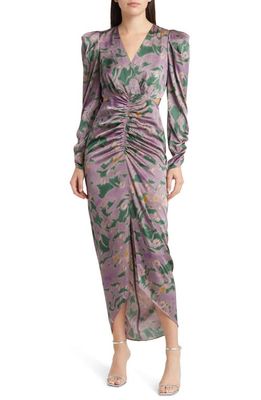 FLORET STUDIOS Cutout Ruched Long Sleeve Satin Dress in Plum Green Floral