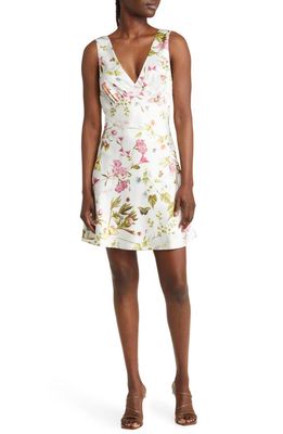 FLORET STUDIOS Floral Empire Waist Satin Minidress in Ivory Butterfly Floral
